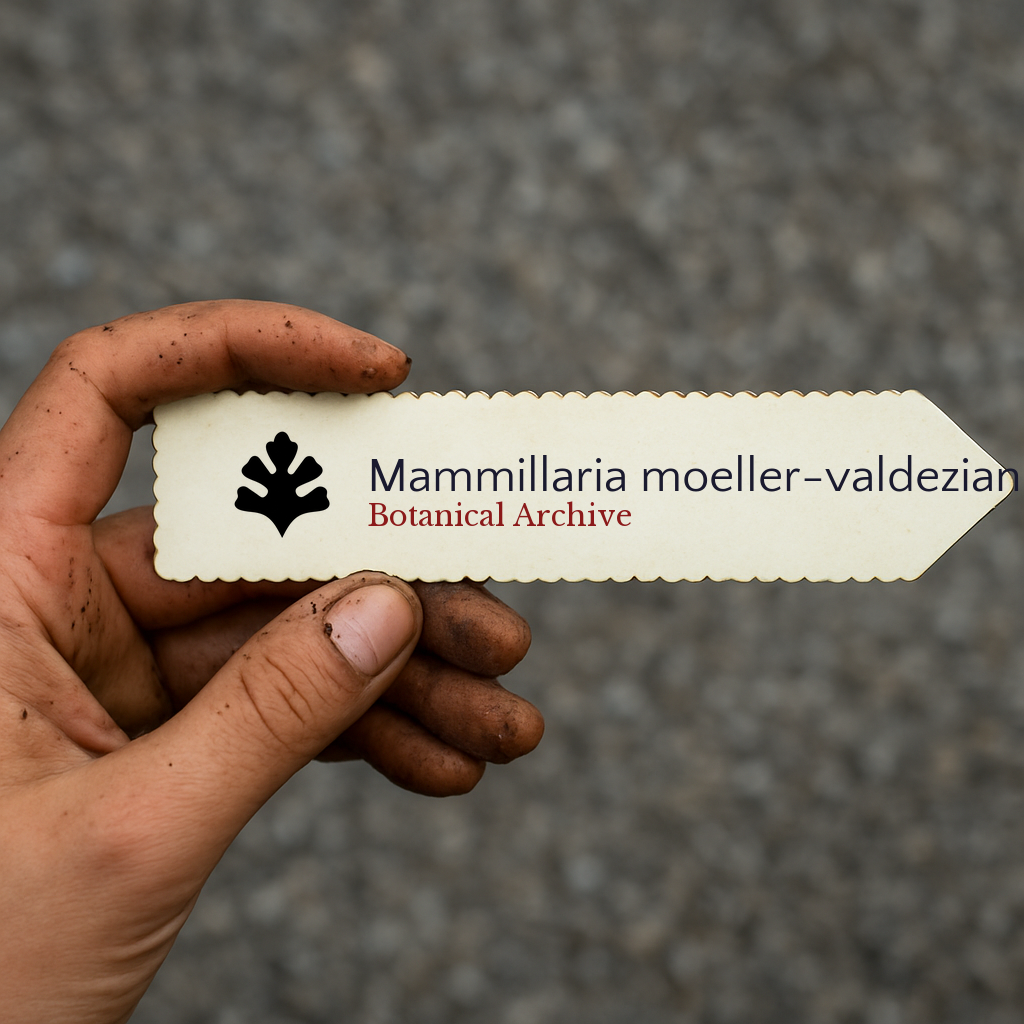 Etichetta della pianta stampata per Mammillaria moeller-valdeziana tenuta da una mano sporca all'aperto