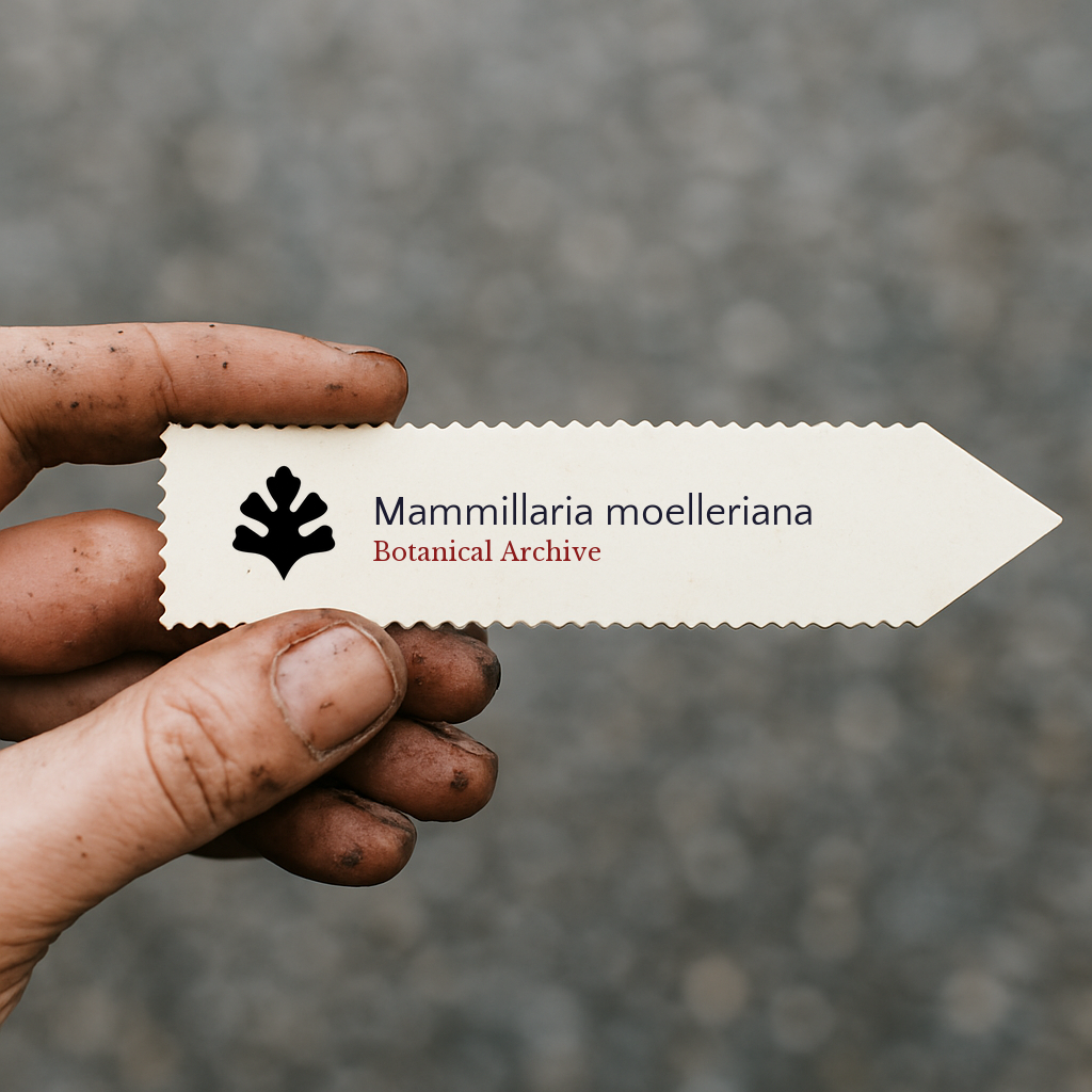 Printed plant label for Mammillaria moelleriana held by dirty hand outdoors