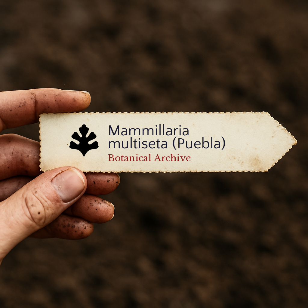 Printed plant label for Mammillaria multiseta (Puebla) held over soil background
