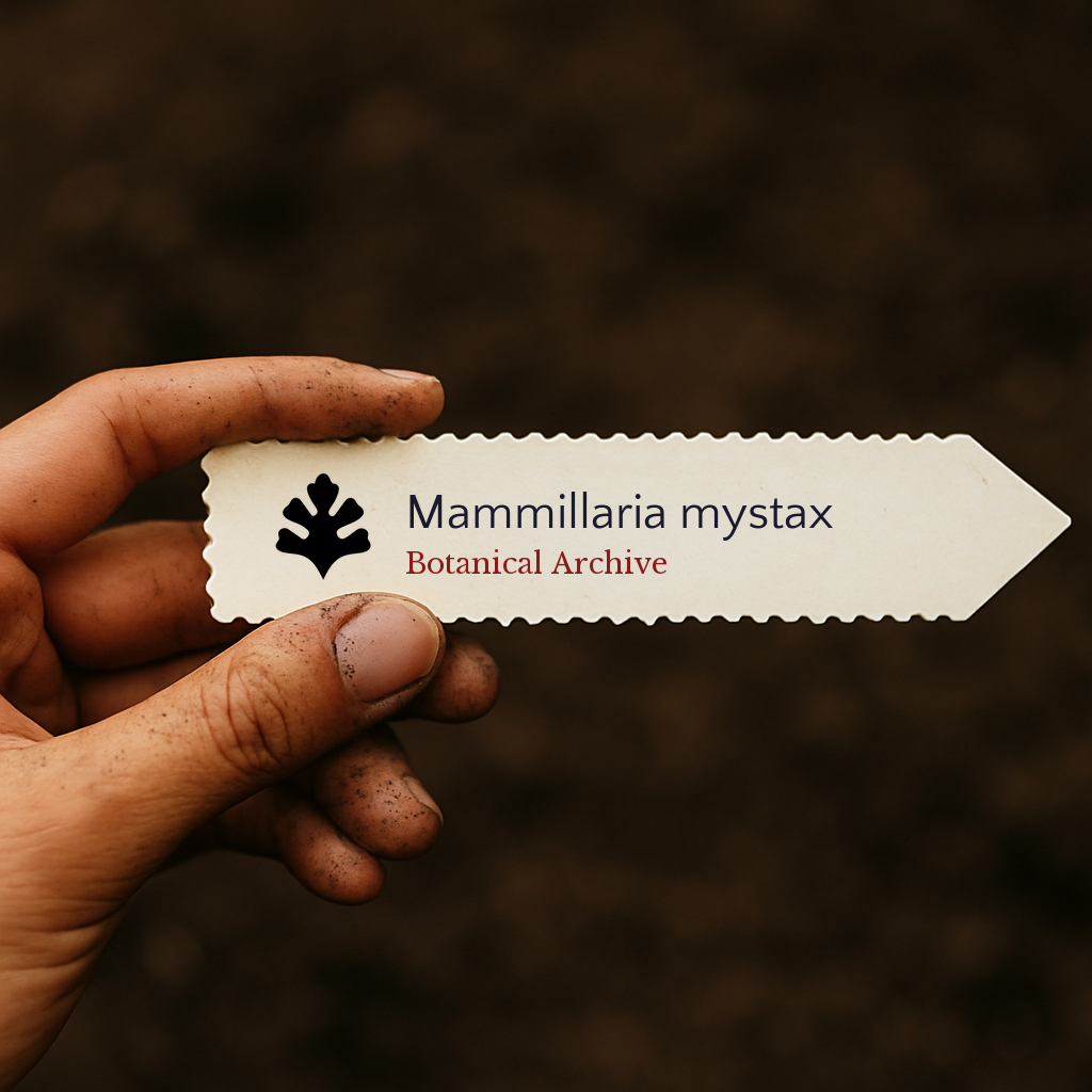 Printed plant label for Mammillaria mystax held by dirty hand over soil background