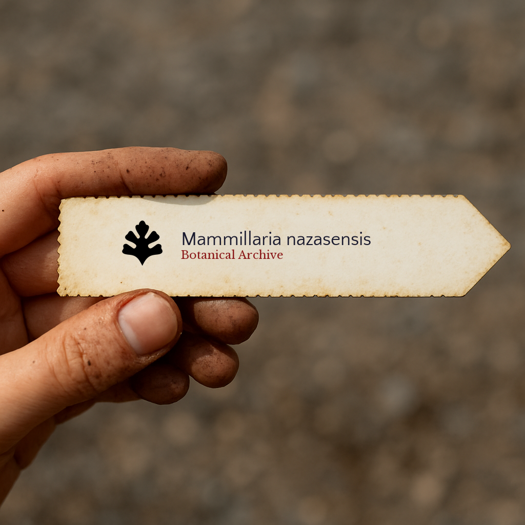 Printed plant label for Mammillaria nazasensis held by dirty hand outdoors