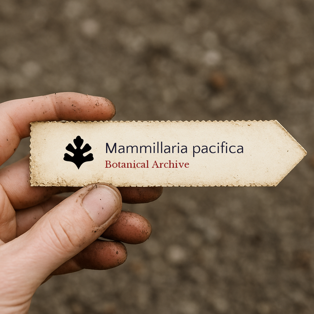 Printed plant label for Mammillaria pacifica held by hand with soil background