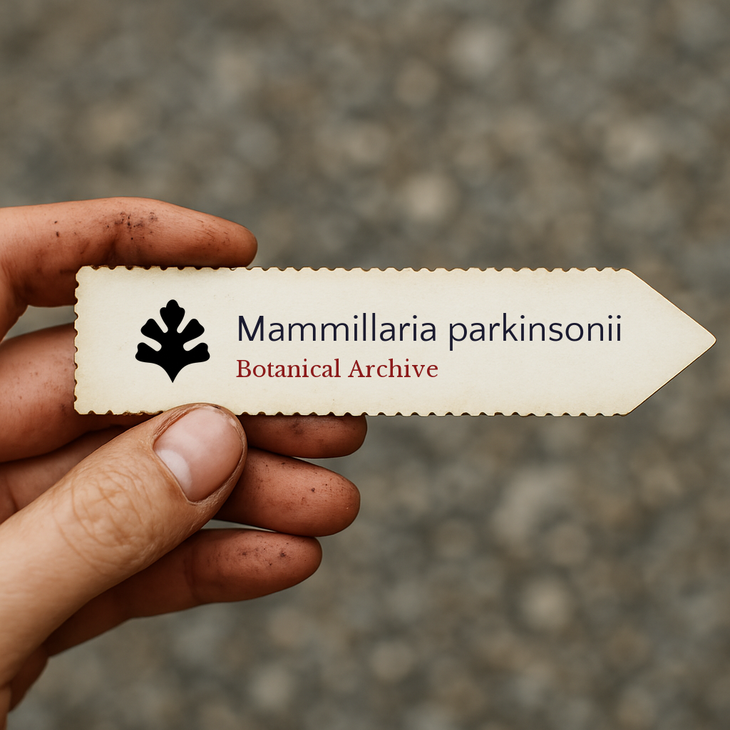 Etichetta per pianta stampata per Mammillaria parkinsonii tenuta in mano con sfondo di terra