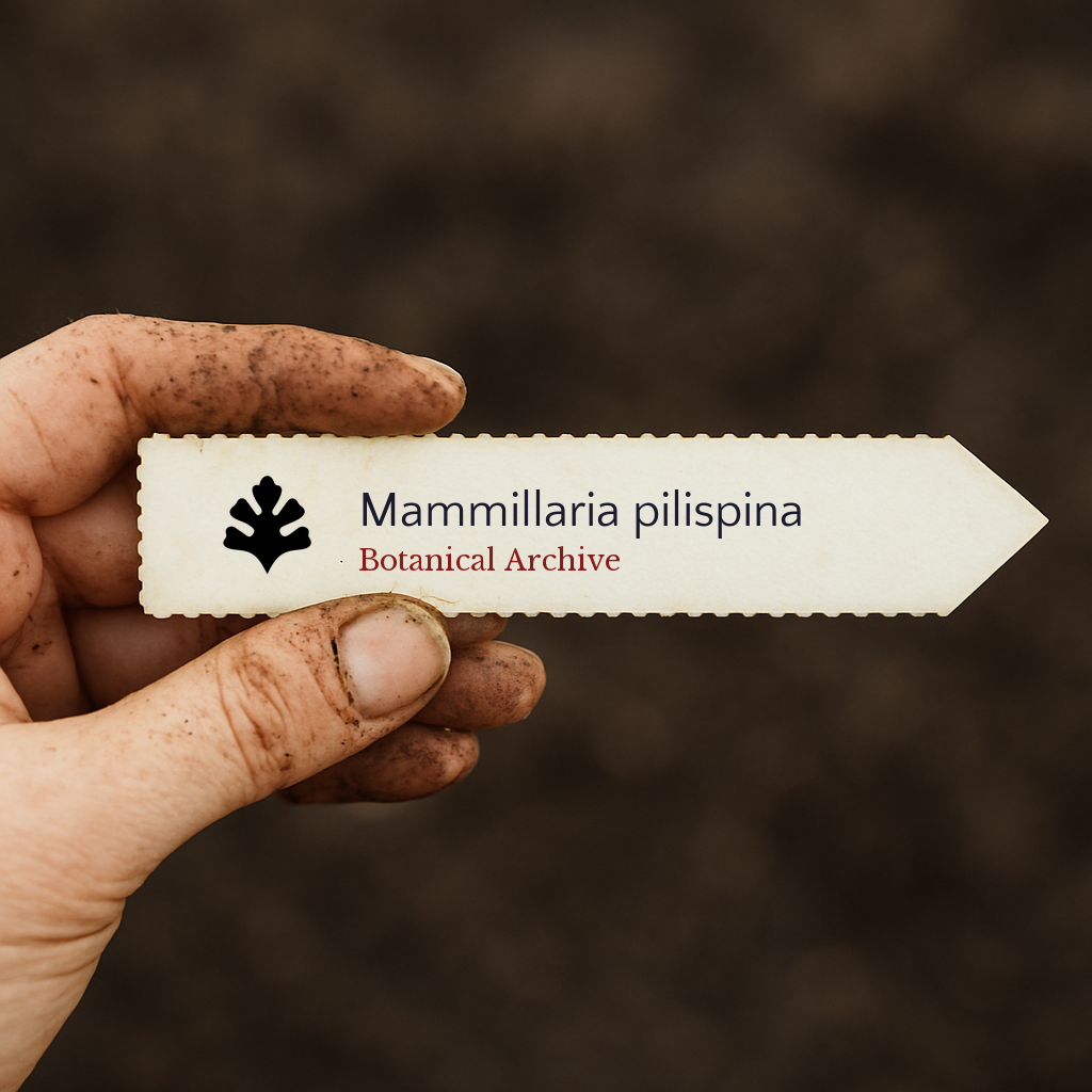 Etichetta della pianta stampata per Mammillaria pilispina tenuta da una mano sporca con sfondo di terra