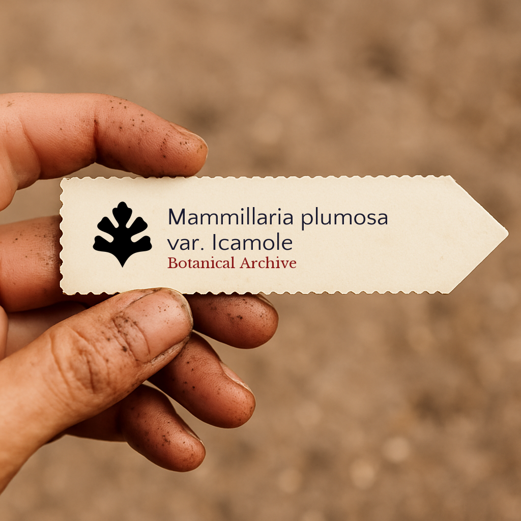 Printed plant label for Mammillaria plumosa var. Icamole held by dirty hand outdoors