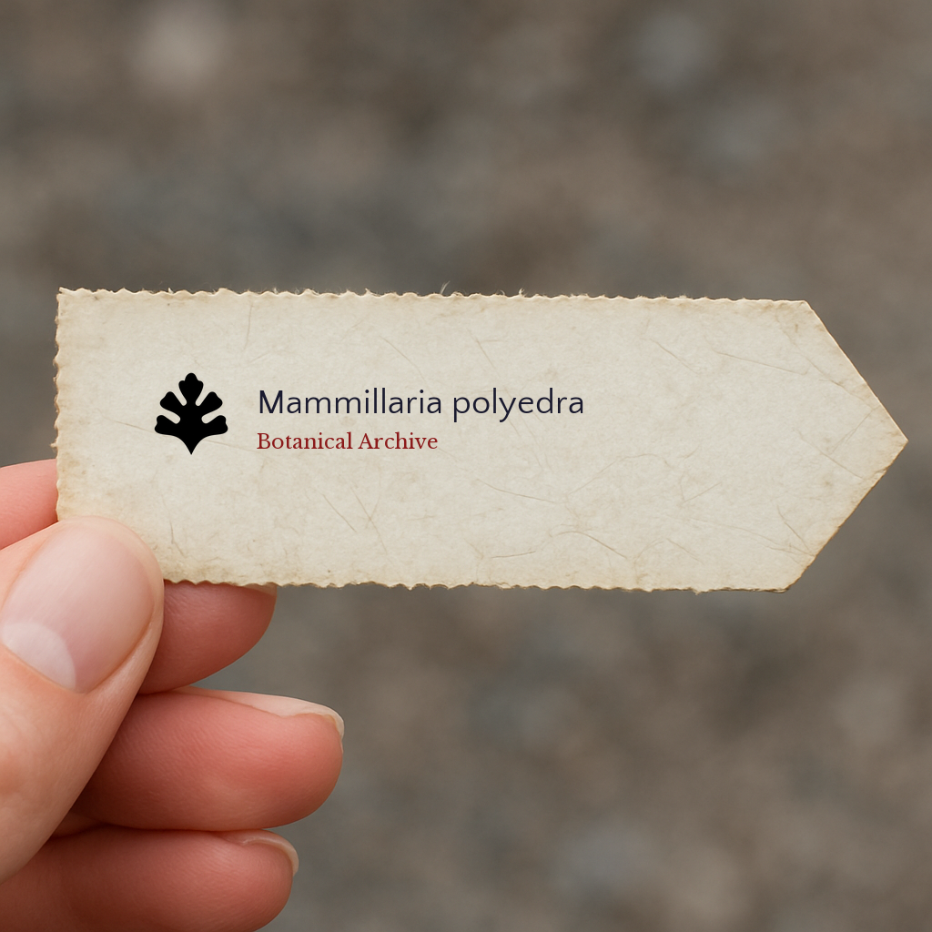 Handheld vintage paper plant label for Mammillaria polyedra with botanical archive logo