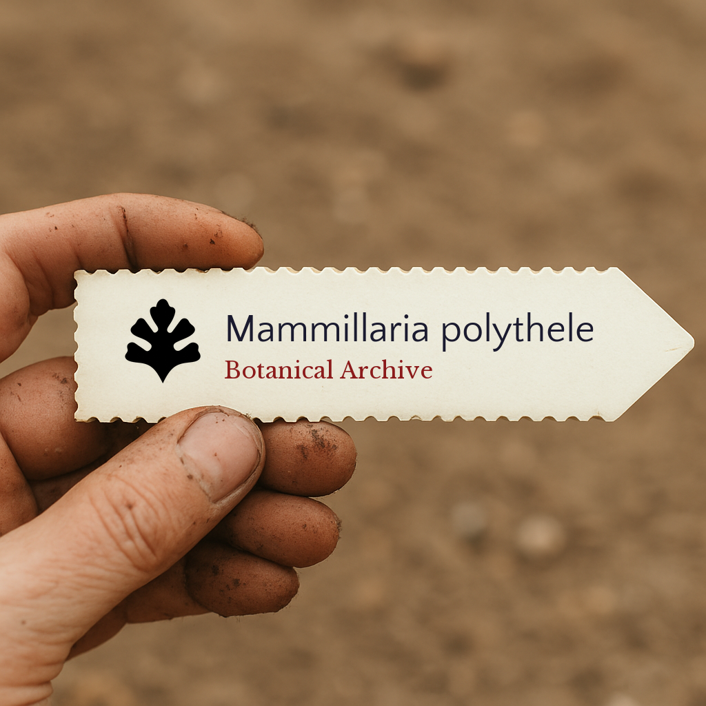 Printed plant label for Mammillaria polythele held by dirty hand over soil background