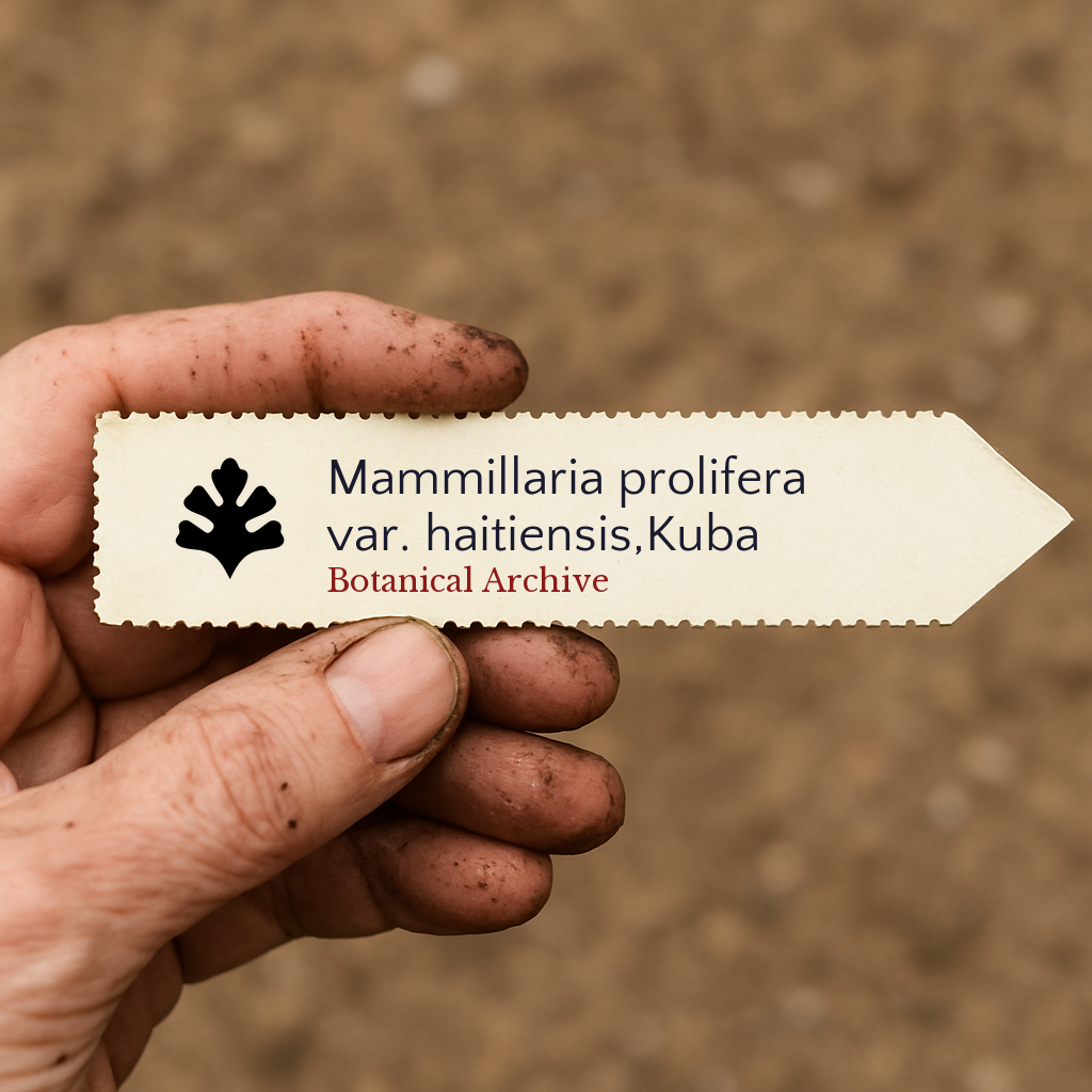 Printed plant label for Mammillaria prolifera var. haitiensis held by dirty hand outdoors