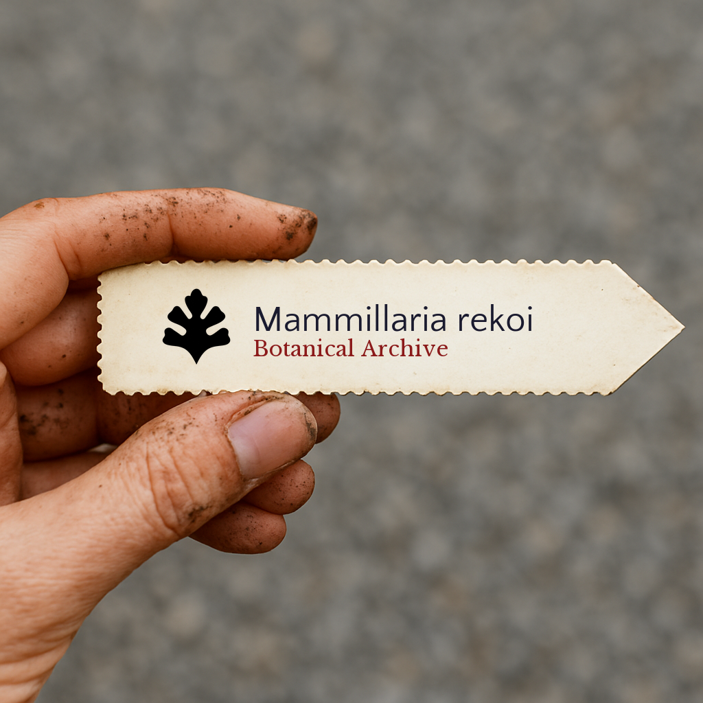 Printed plant label for Mammillaria rekoi held by dirty hand outdoors