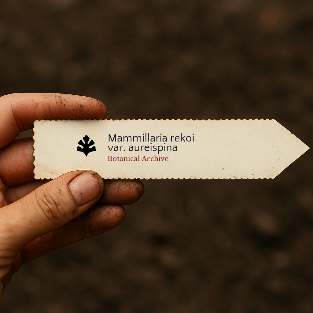 Printed plant label for Mammillaria rekoi var. aureispina held by dirty hand