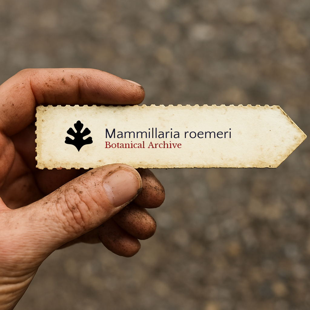 Printed plant label for Mammillaria roemeri held by dirty hand outdoors