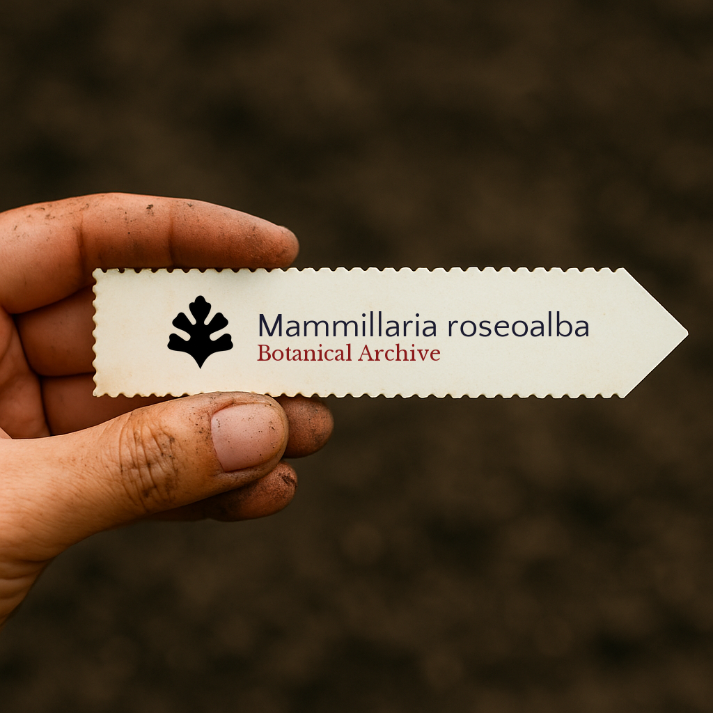 Printed plant label for Mammillaria roseoalba held by dirty hand against soil background