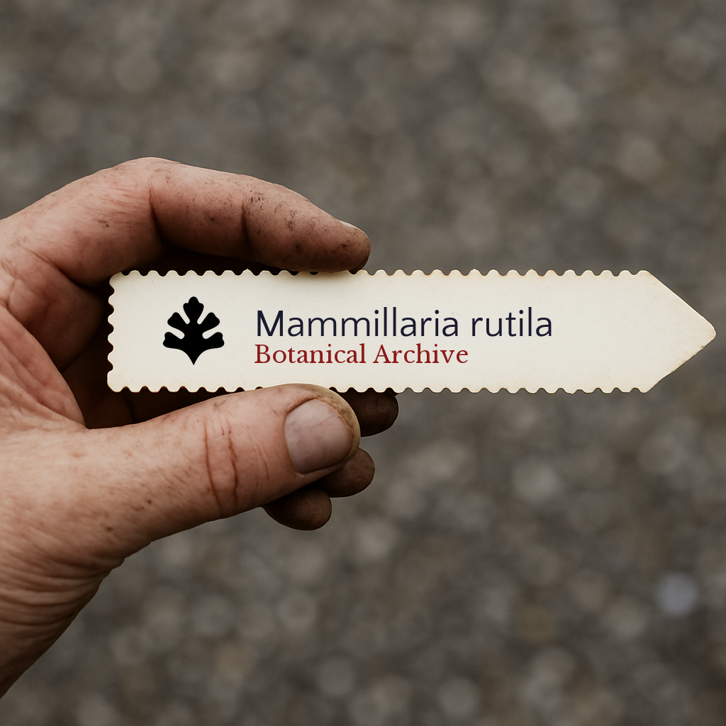 Etichetta stampata per pianta di Mammillaria rutila tenuta in mano con sfondo di terra