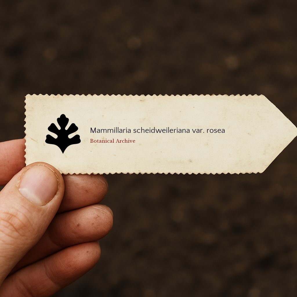Printed plant label for Mammillaria scheidweileriana var. rosea held over soil background