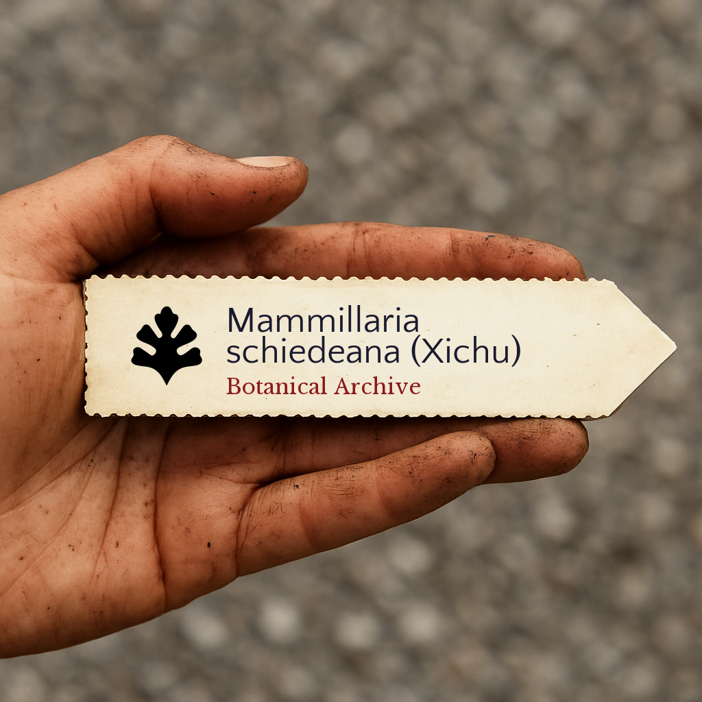Printed plant label for Mammillaria schiedeana (Xichu) held in dirty hand outdoors