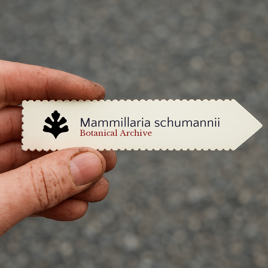 Plant label for Mammillaria schumannii with botanical archive logo held by dirty hand