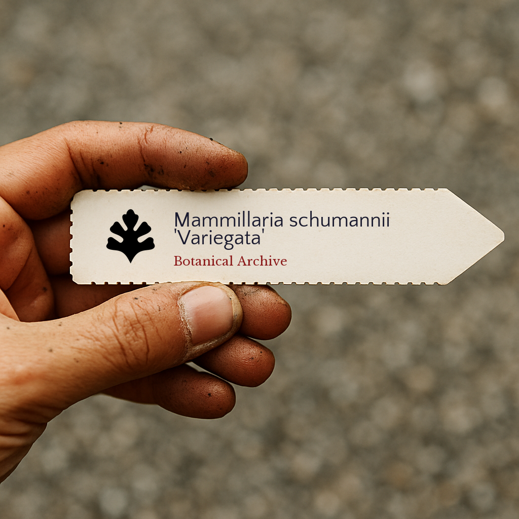 Printed plant label for Mammillaria schumannii 'Variegata' held by a hand with soil dirt