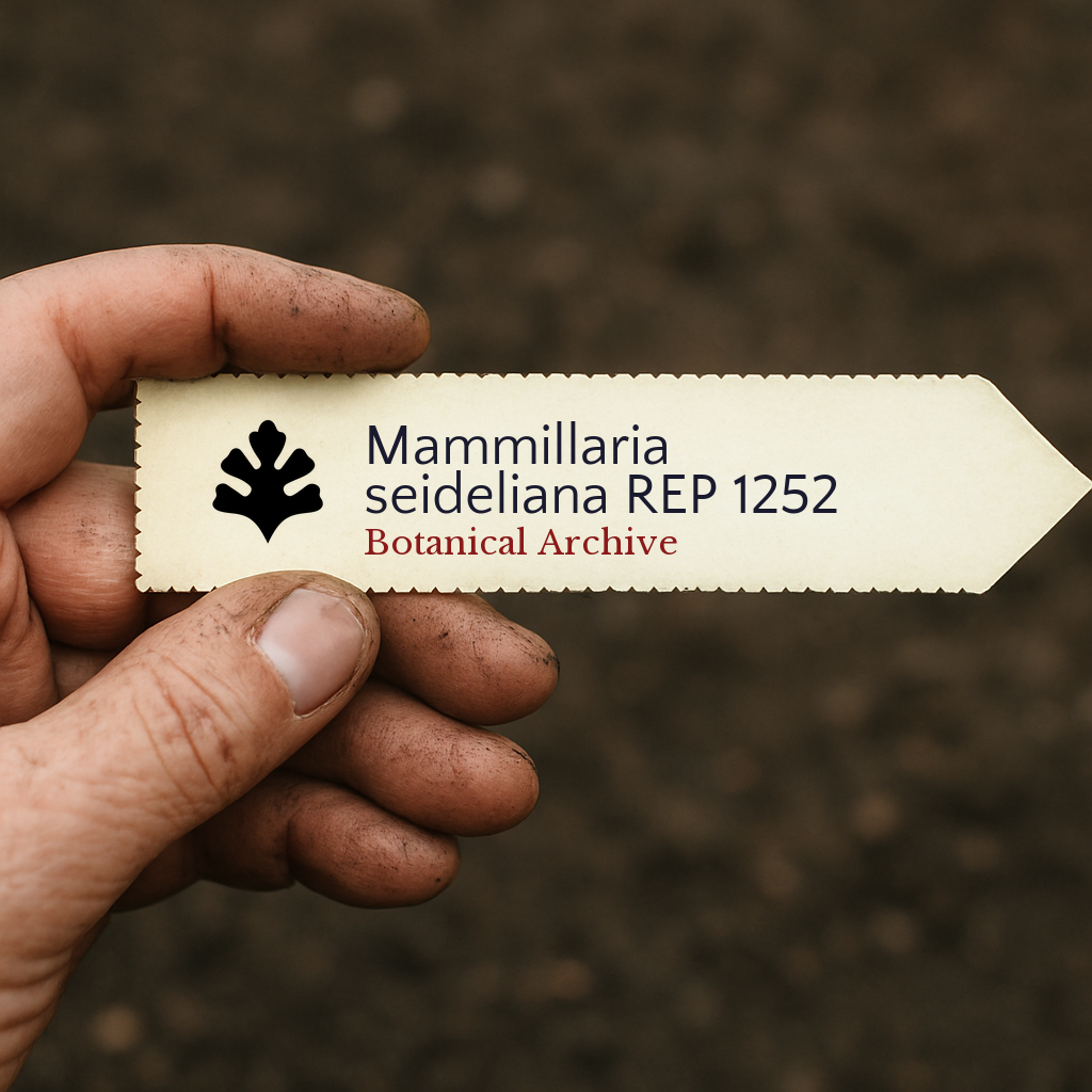 Etichetta per pianta stampata per Mammillaria seideliana REP 1252 tenuta da mano sporca all'aperto