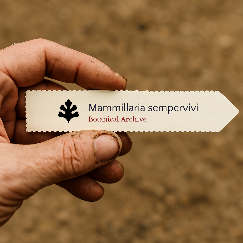 Printed plant label for Mammillaria sempervivi held by dirty hand over soil background