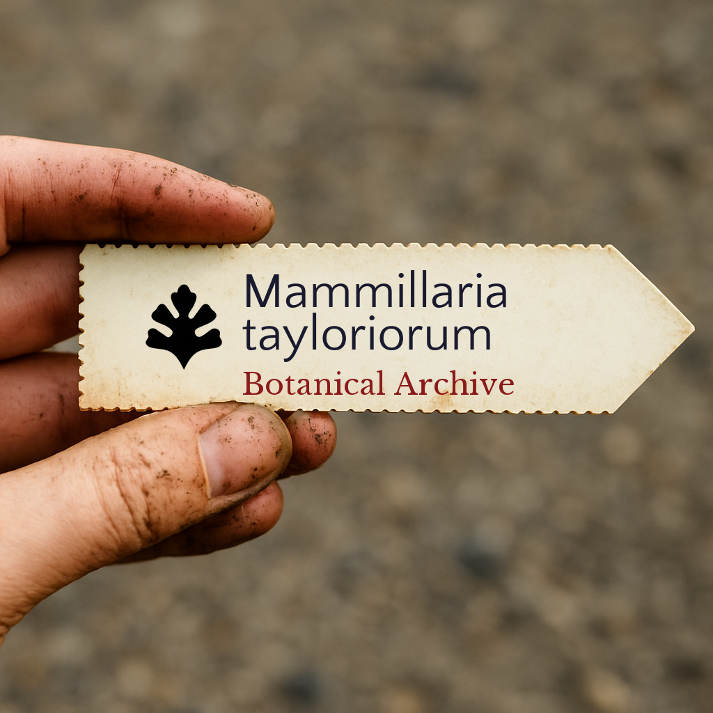 Printed plant label for Mammillaria tayloriorum held by dirty hand outdoors