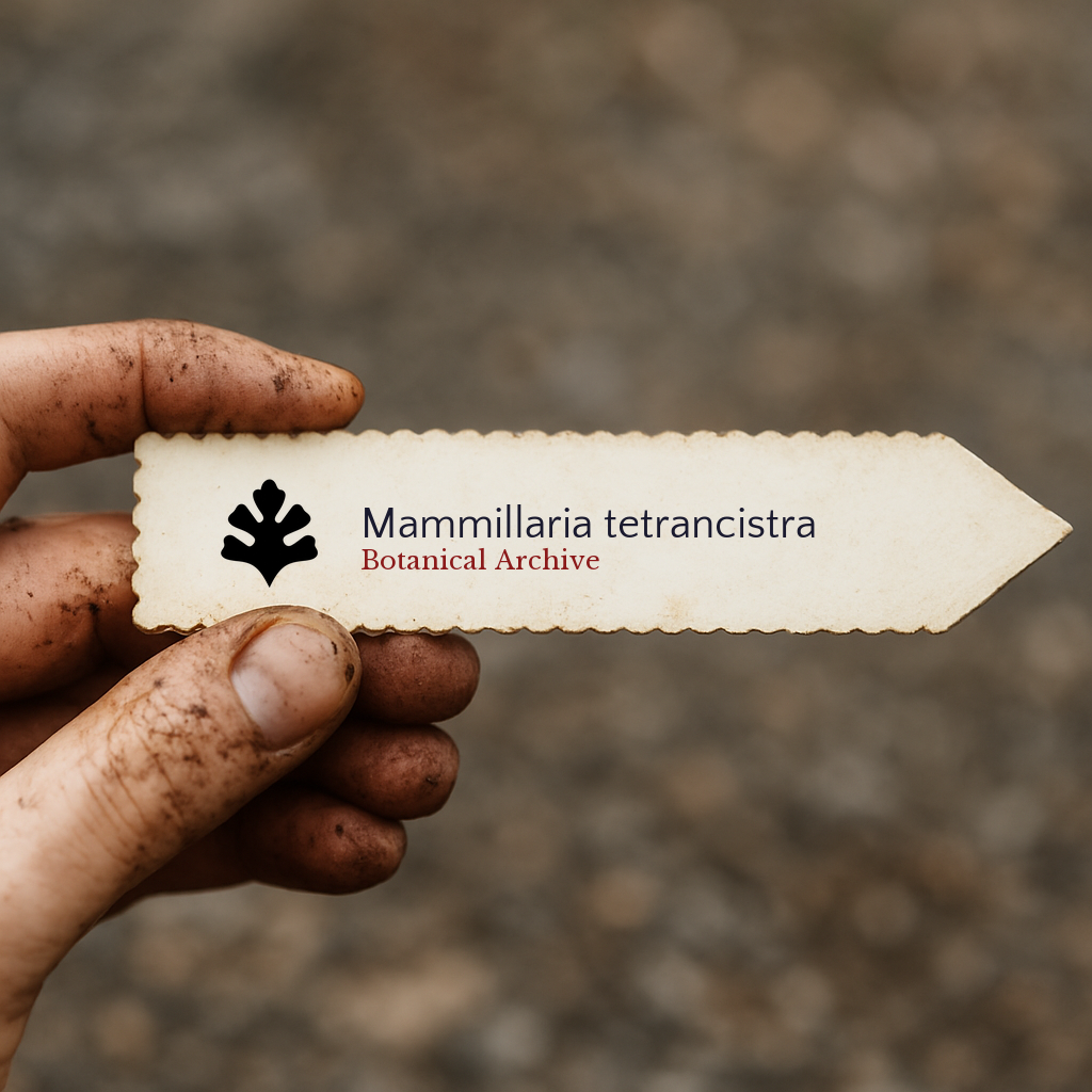 Etichetta per pianta stampata per Mammillaria tetrancistra tenuta da una mano sporca all'aperto
