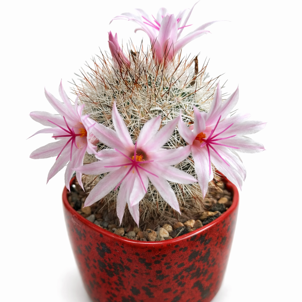 Mammillaria albicans cactus with white spines and delicate pink flowers in red pot