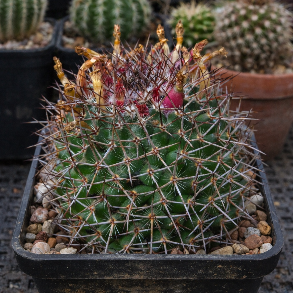 Mammillaria amoena green cactus with dense spines and dried flower remnants in black pot