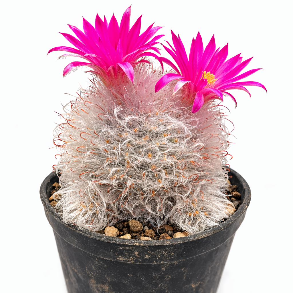 Mammillaria guelzowiana cactus with dense white spines and bright pink flowers in black pot