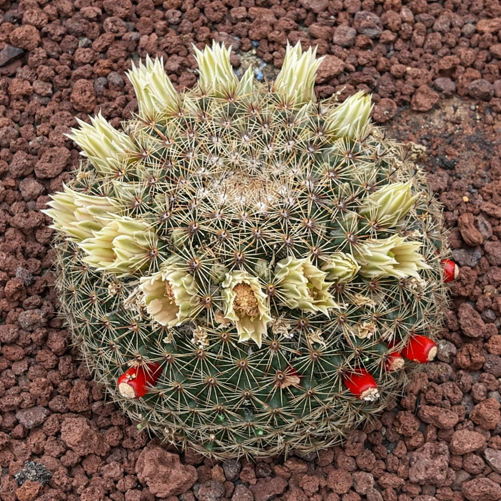 Mammillaria heyderi cactus with pale yellow flowers and red fruit on rocky soil