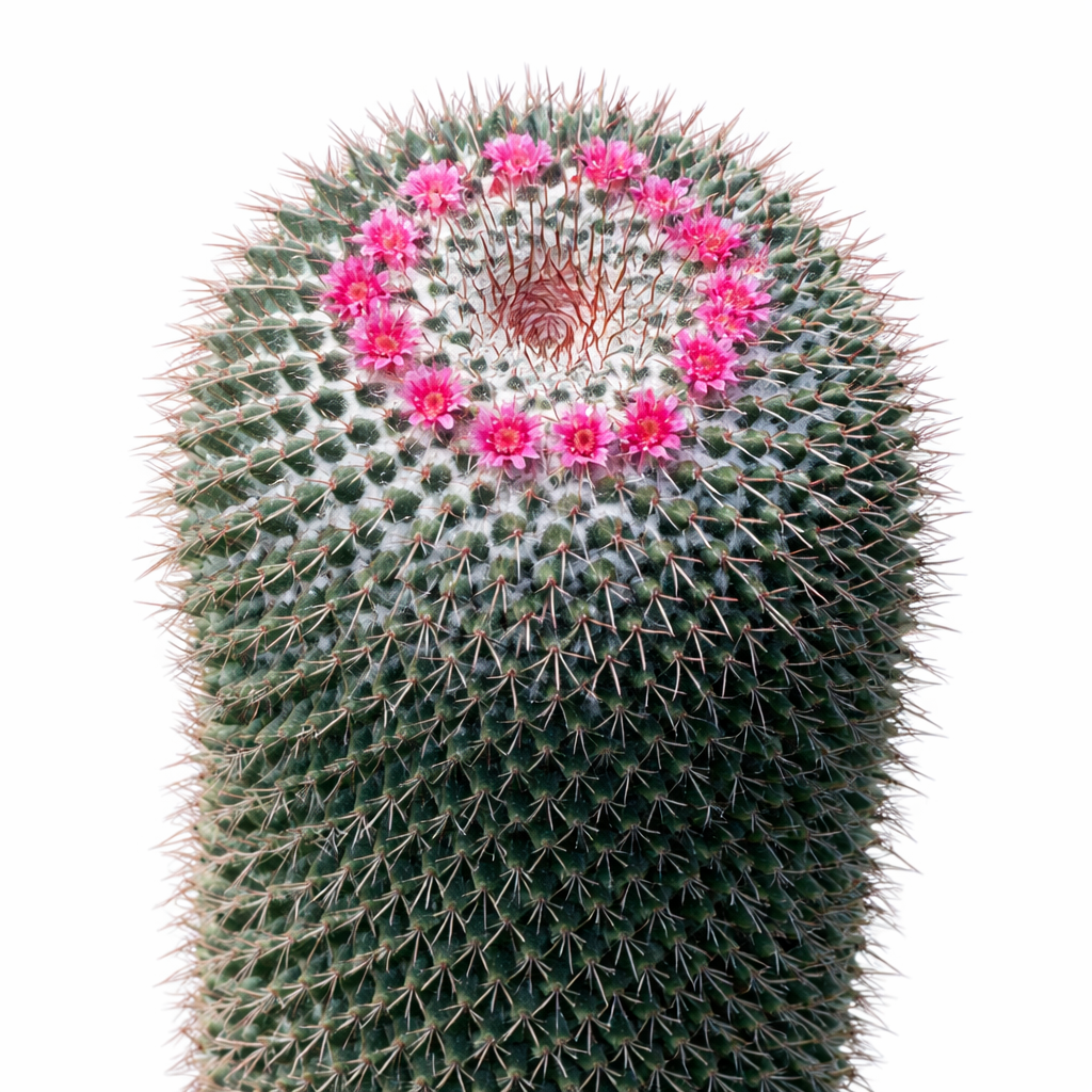 Mammillaria kewensis cactus with dense spines and ring of small bright pink flowers