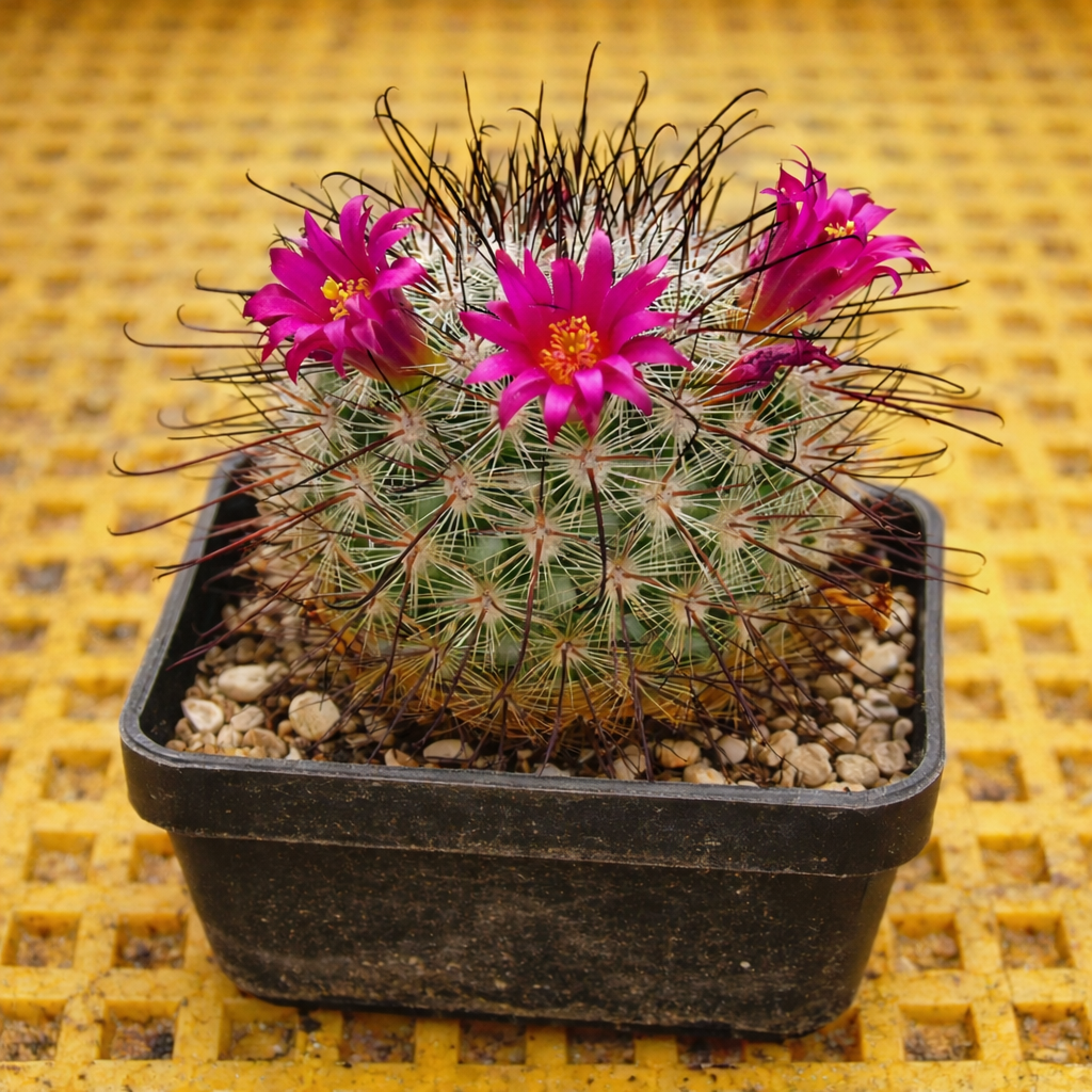 Mammillaria krasuckae cactus with bright pink flowers and long dark spines in black pot