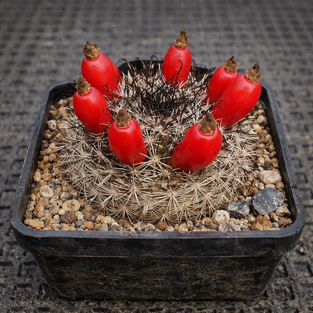 Cactus Mammillaria louisae con frutto rosso brillante in vaso quadrato nero su superficie di ghiaia
