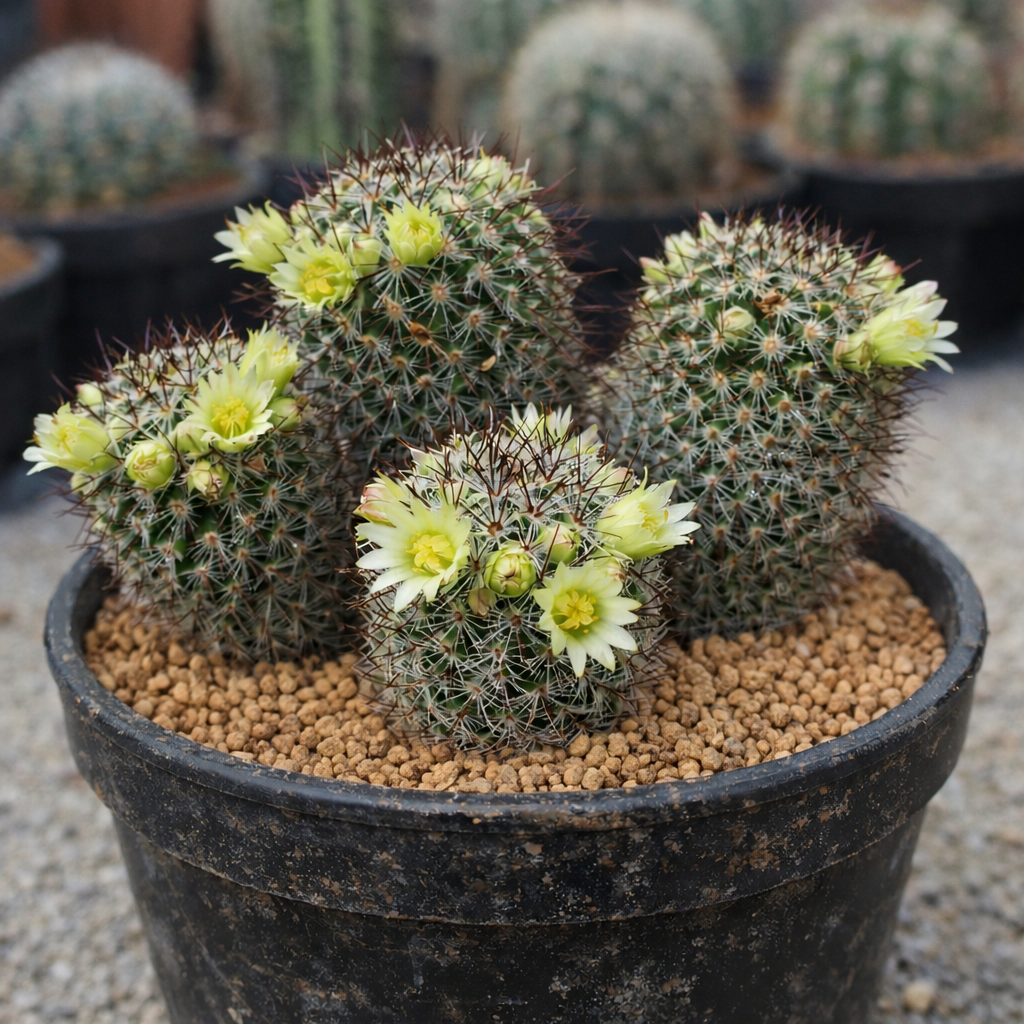 Mammillaria microhelia small clustered cactus with pale yellow flowers in black pot