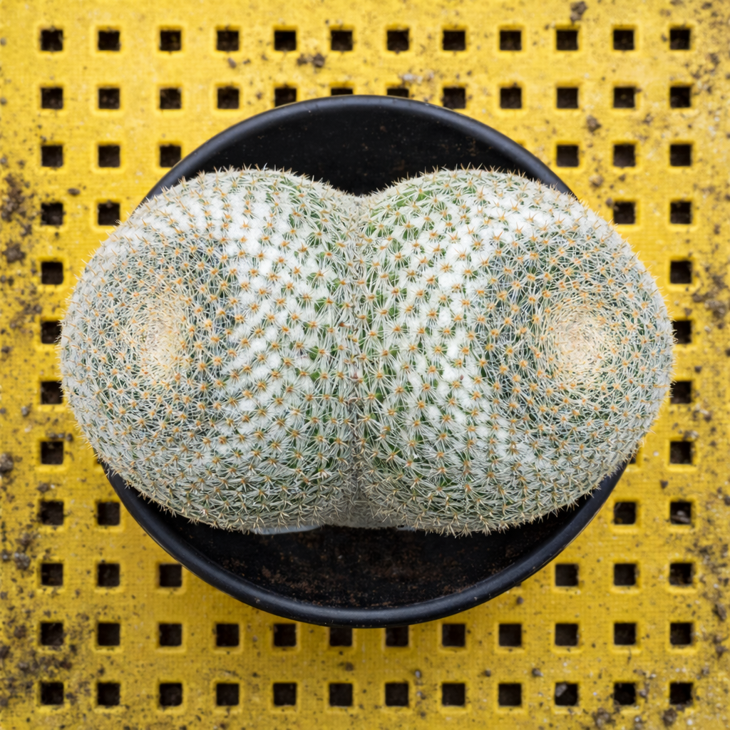 Mammillaria microthele raro cactus con spine bianche con teste gemelle simmetriche in vaso nero