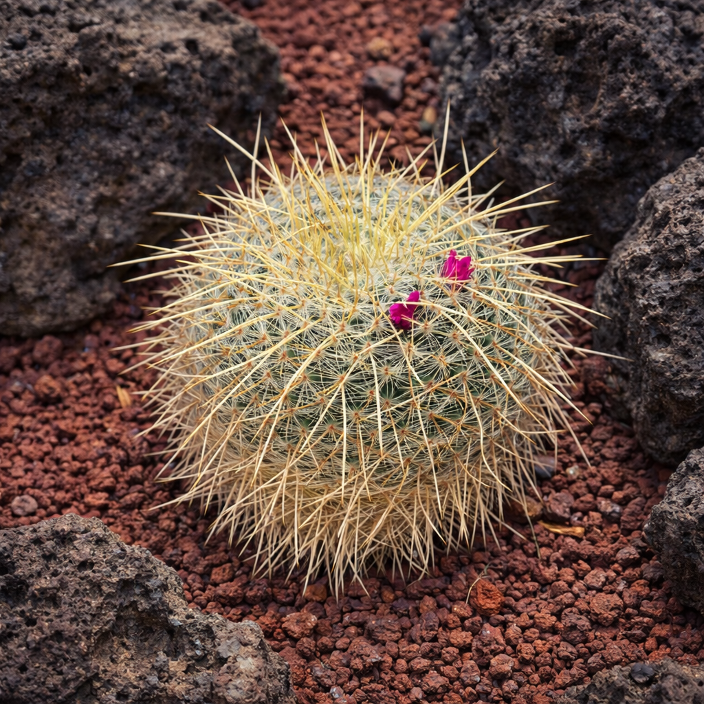 Mammillaria muehlenpfordtii cactus with long yellow spines and small pink flowers on red volcanic soil