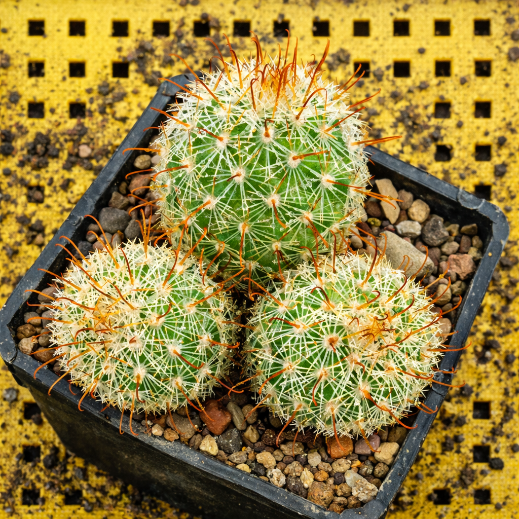 Mammillaria multidigitata piccolo cactus verde con spine bianche e arancioni in vaso nero
