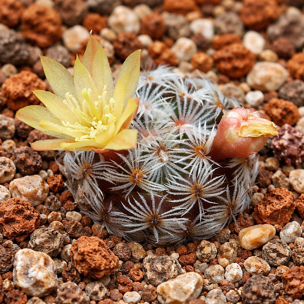 Mammillaria nana piccolo cactus con spine bianche e fiore giallo pallido in terreno roccioso