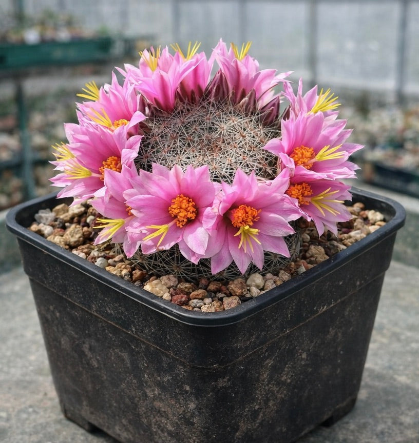 Cactus Mammillaria oliviae con vivaci fiori rosa in vaso nero da vivaio