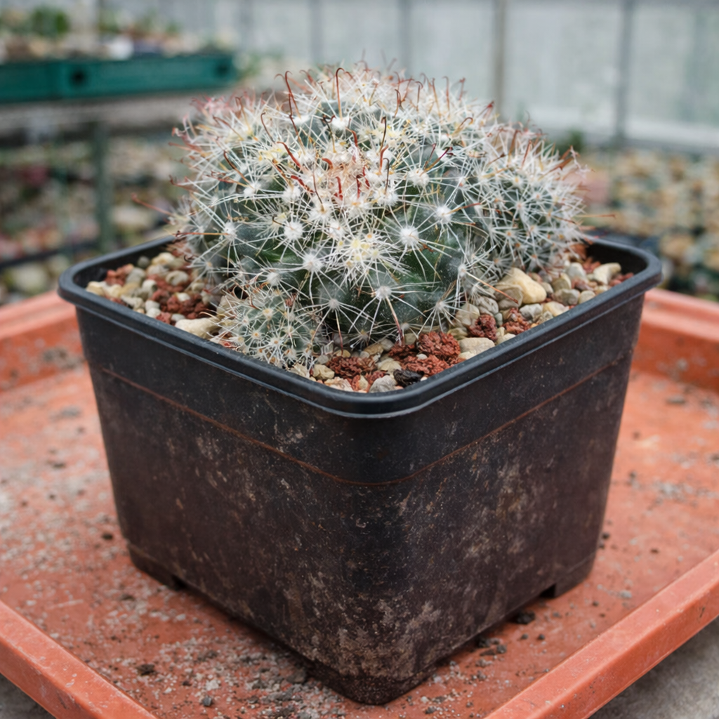 Mammillaria oteroi small round cactus with white spines in black nursery pot