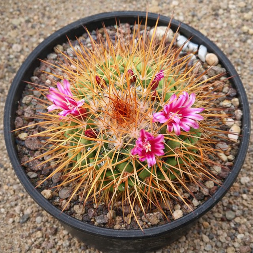 Mammillaria pettersonii raro cactus con lunghi aculei arancioni e fiori rosa in vaso nero