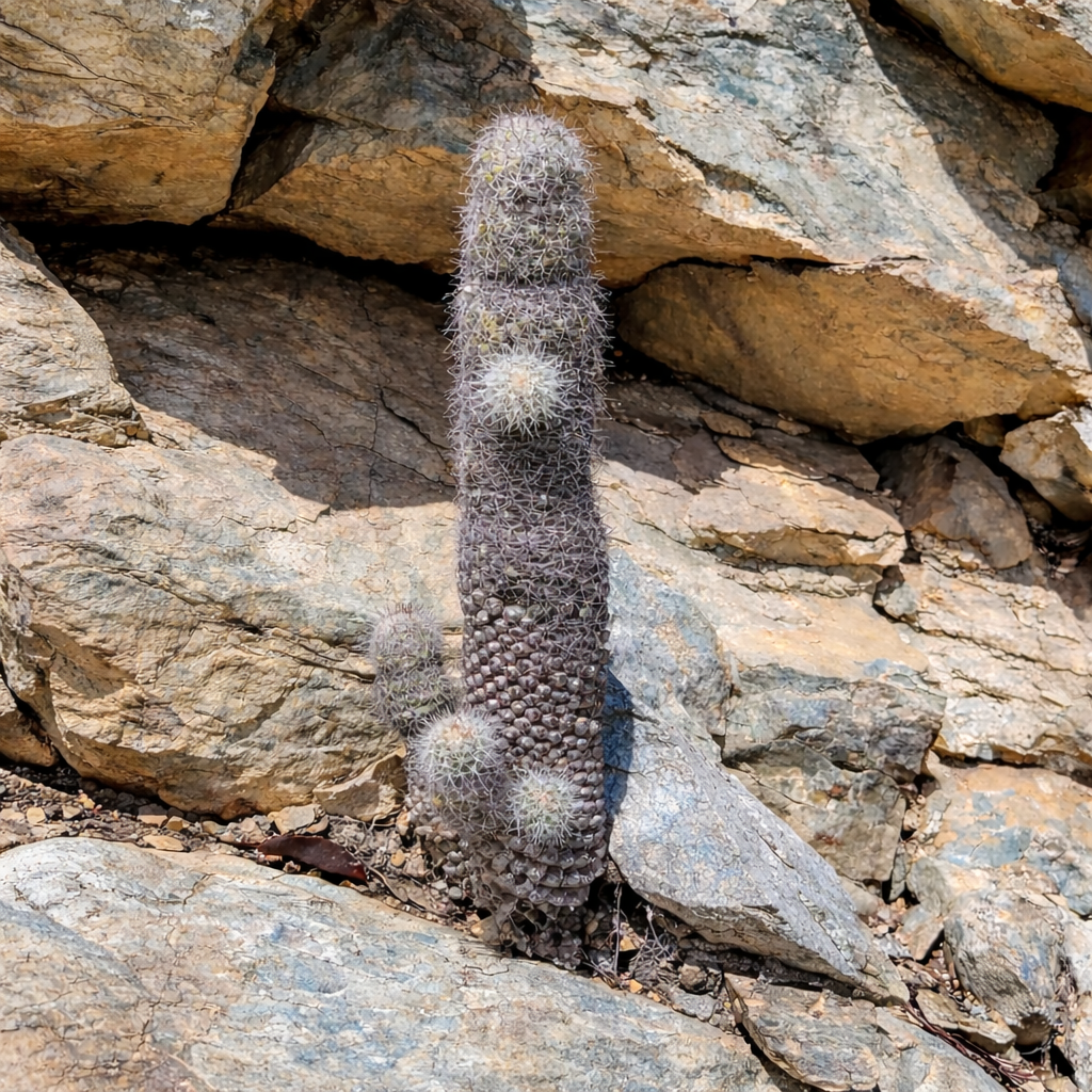 Mammillaria phitauiana rare succulent cactus with cylindrical dark stem and white spines growing on rocky terrain