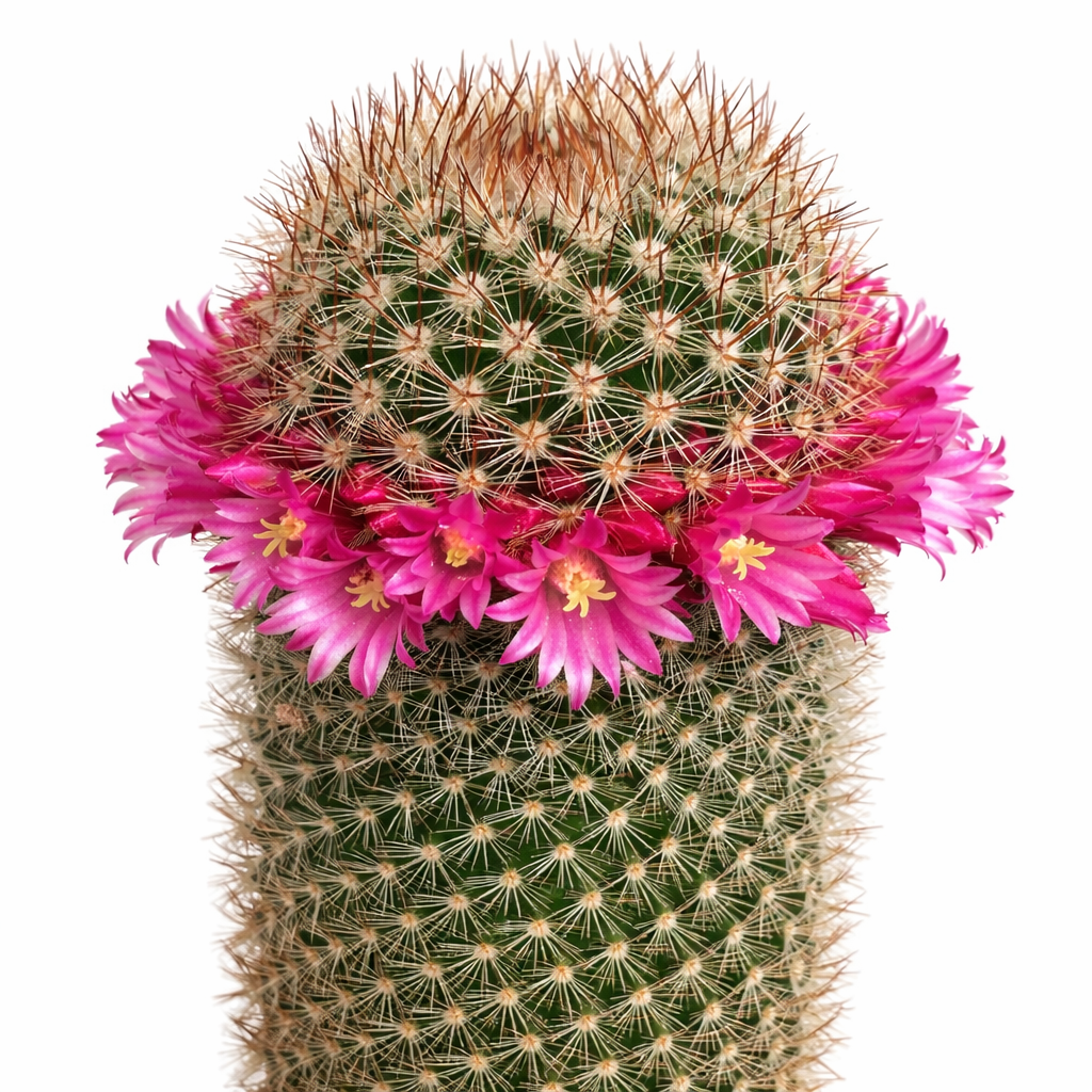 Mammillaria pilcayensis cactus with dense spines and vibrant pink ring of flowers