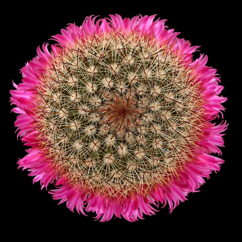 Mammillaria pilcayensis cactus with dense spines and vibrant pink ring of flowers