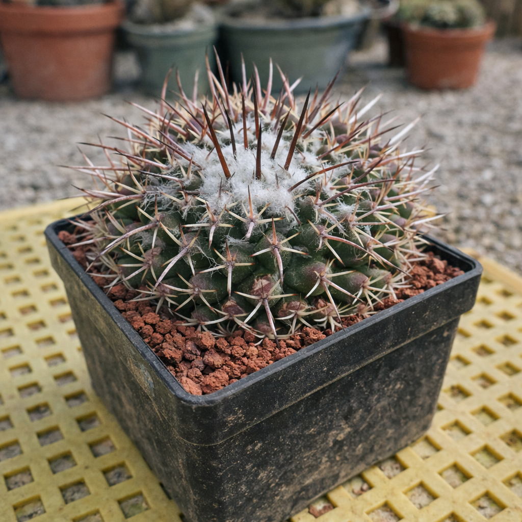 Mammillaria priessnitzii rare cactus with dense spines and white woolly areoles in black pot