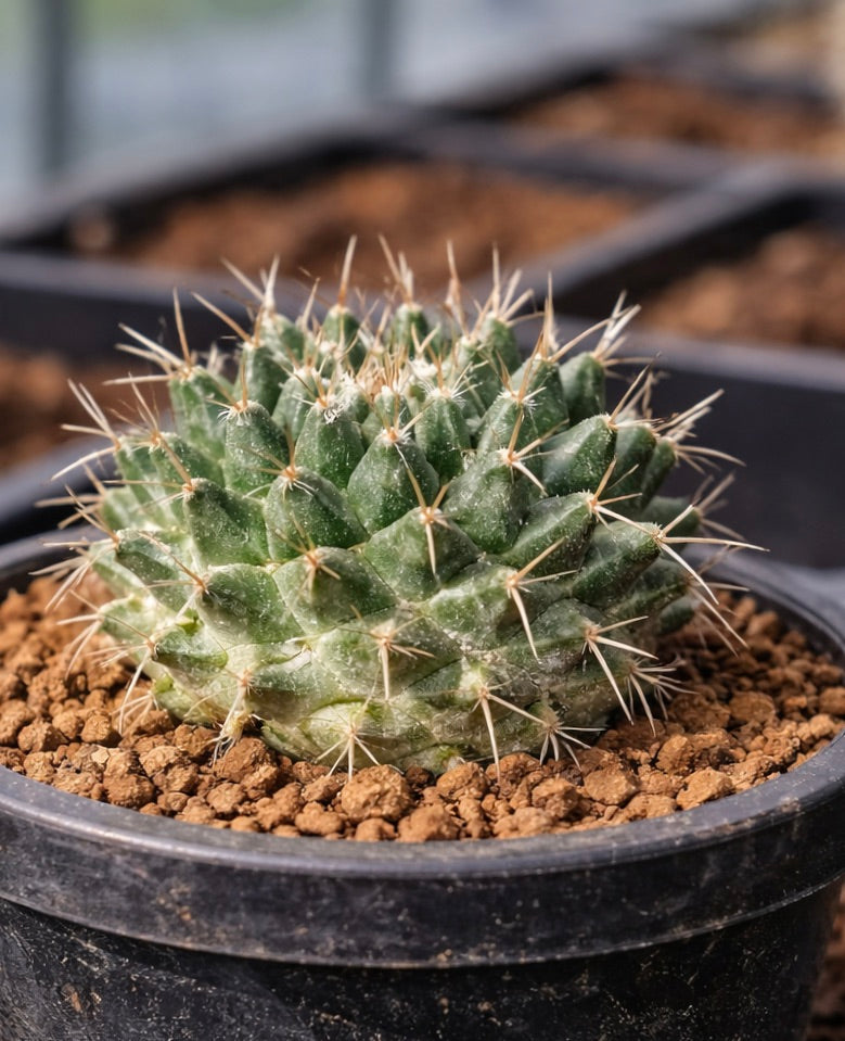 Mammillaria pseudoscripsiana small green cactus with white spines in black pot