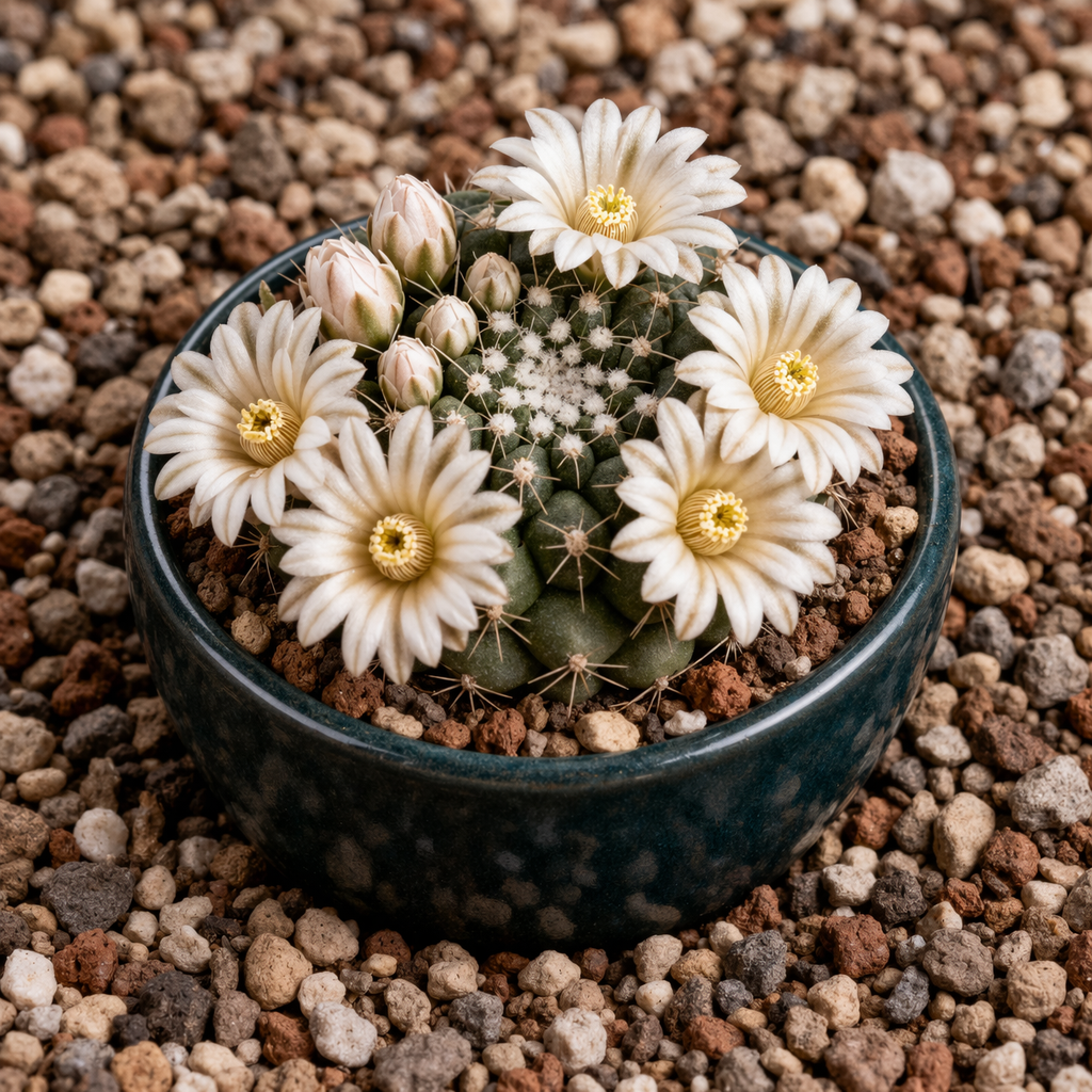 Mammillaria roseoalba cactus with white flowers in small dark ceramic pot on gravel