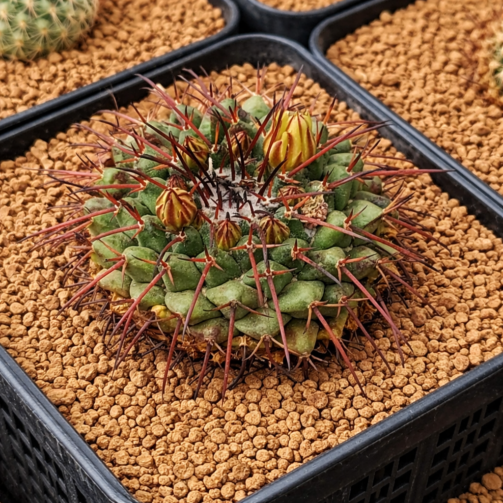 Mammillaria saint-pieana raro cactus con lunghe spine rossastre e boccioli di fiori gialli in vassoio di ghiaia