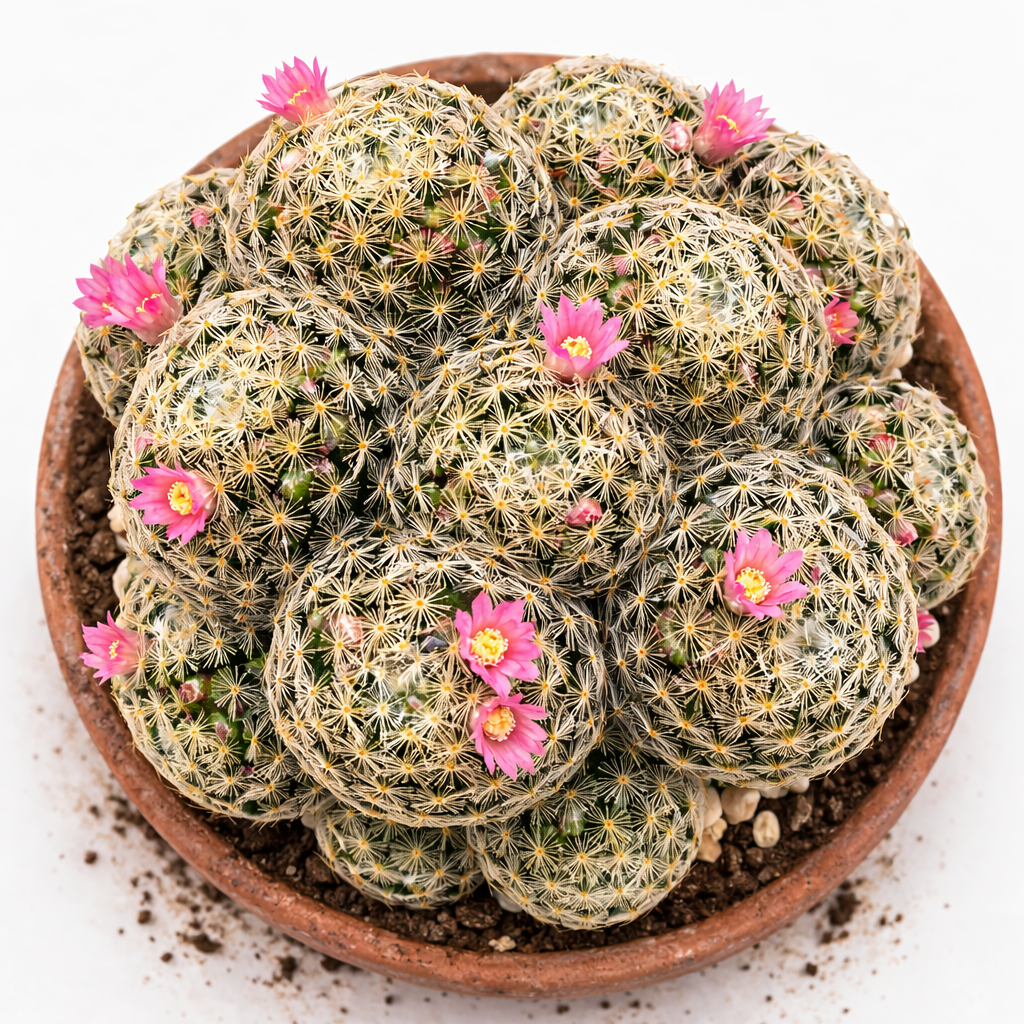 Mammillaria schiedeana clustered cactus with white spines and small pink flowers in terracotta pot