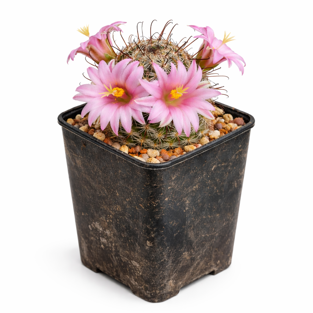 Mammillaria sheldonii cactus with pink flowers in black plastic pot and gravel topsoil