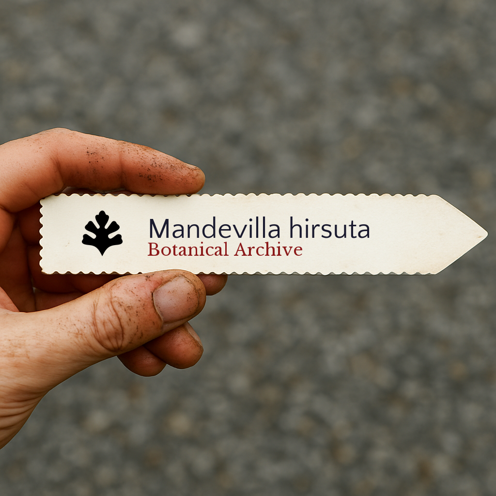 Printed plant label for Mandevilla hirsuta held by hand with dirt background
